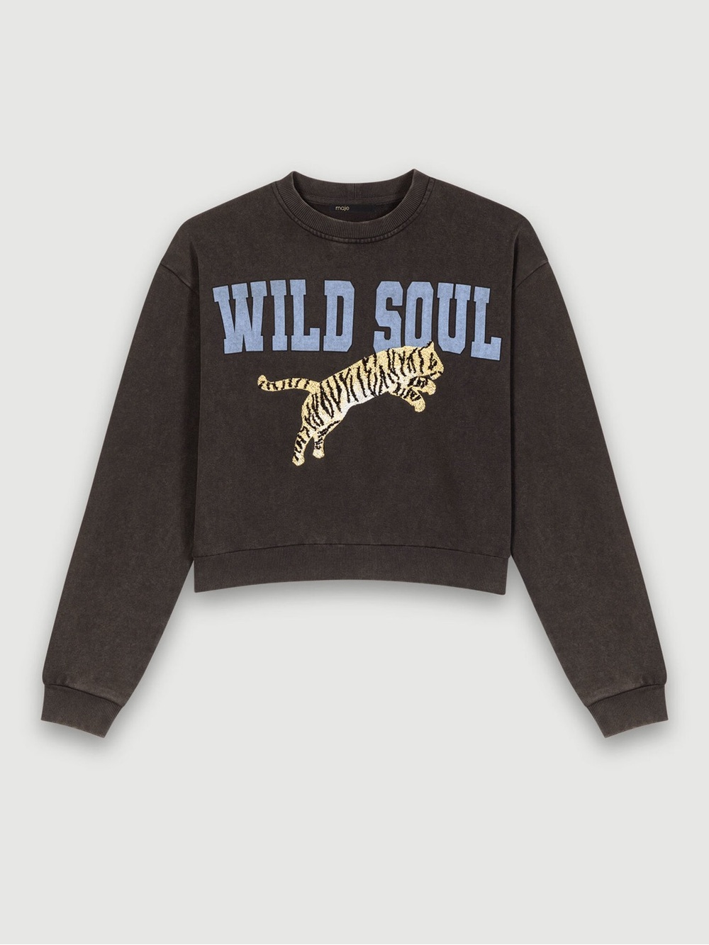 Maje Black Cropped Sweatshirt with Blue 'WILD SOUL' and Gold Tiger